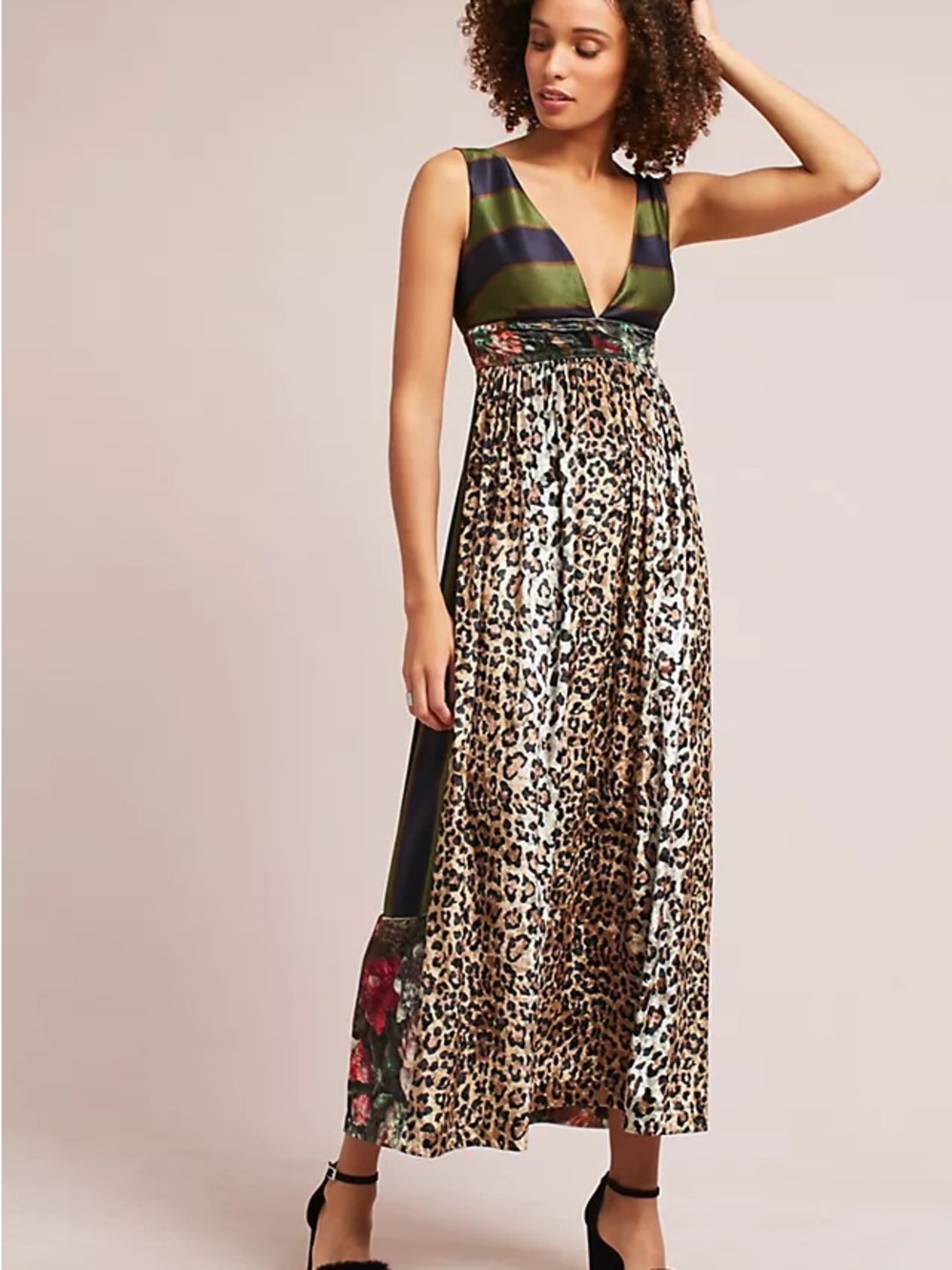 Anthropologie Velvet Leopard Print Mixed- green Panel Dress - New With Tags